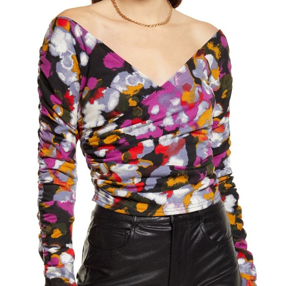 Open Edit Off the Shoulder Ruched Top in Black Multi Painted Confetti...MSRP $35 - Picture 1 of 4